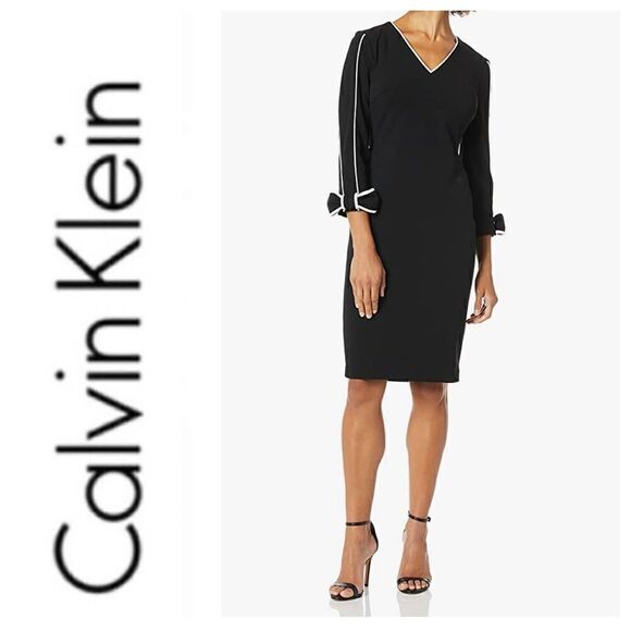 Calvin Klein Black V Neck Sheath Dress with Contrast Piping Size 4 Petite NWT - Picture 8 of 13